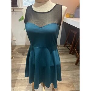 Y2K Forever 21 Teal Black Sheer Mesh Skater A-line Tank Dress Women’s M Grunge